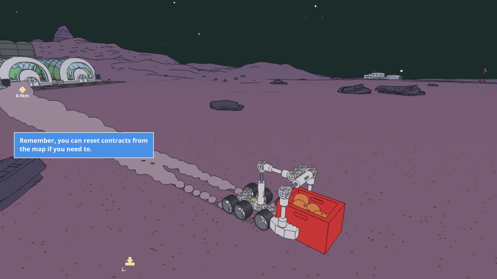 Screenshot shows the grabber rover design, carrying a crate of oranges over Martian terrian