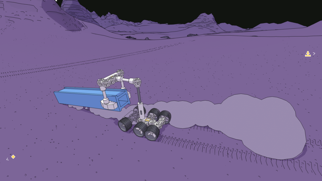 Screenshot showing the grabber rover transporting a steel beam across sandy terrain, creating a trail of dust