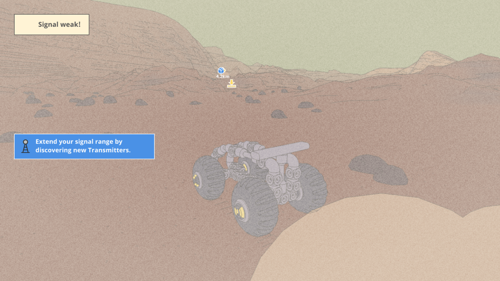 Screenshot showing the screen fade to grey, due to a loss of signal in the big-wheeled rover, as it's too far from a signal tower