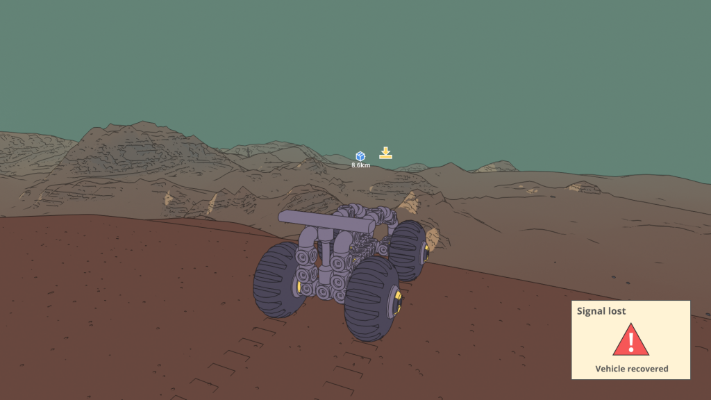 Screenshot shows the big-wheeled rover overlooking a cliff, with mountainous terrain off in the distance