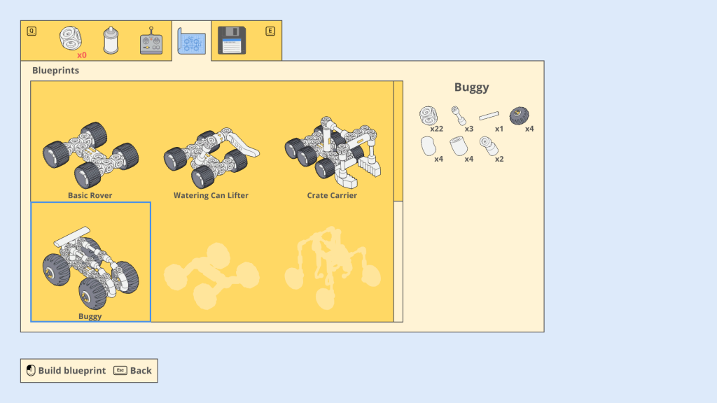 Screenshot shows the blueprint screen, in which players can modify their buggy to a pre-set design