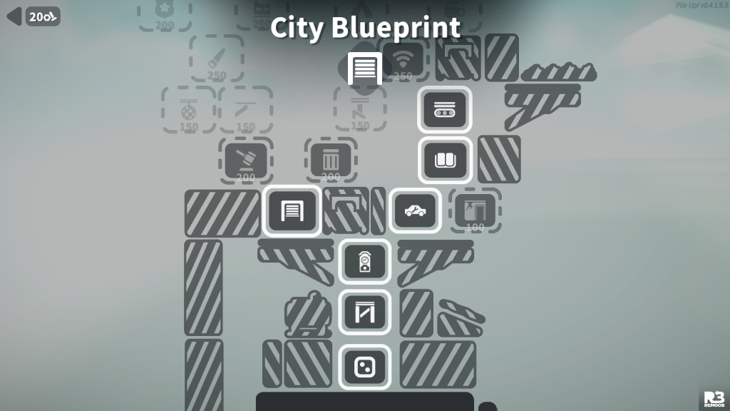 Screenshot shows the blueprint window, where players can spend scrap to unlock new cards (buildings)