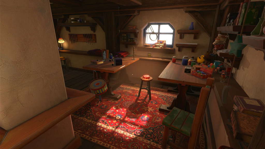A wide view of a room with light coming in through a small window. Tables are there with various toy parts on them.