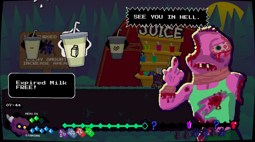 The player is at a Juice Shop in Trouble Juice. Juice Guy, the proprietor of the shop is heavily wounded and raising a middle finger in defiance. A speech bubble shows Juice Guy is saying "See you in hell". The highlighted 'upgrade' on offer is a cup of expired milk.