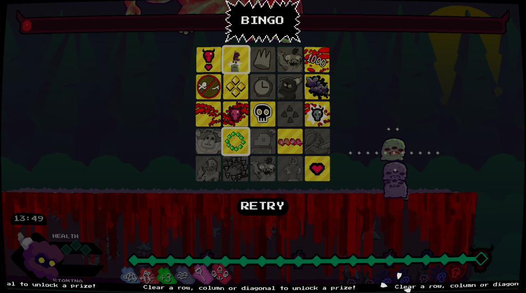 A screenshot showing the Achievement Bingo Card in Trouble Juice. The player has filled in 12 of the 25 available squares and has completed the diagonal line running from top-left, to bottom-right.