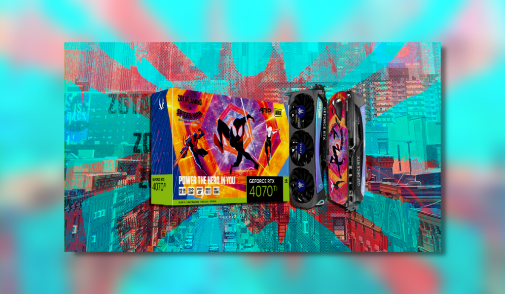 Fature image for the ZOTAC GAMING GeForce RTX 4070 Ti AMP AIRO SPIDER-MAN™: Across the Spider-Verse. the background is a city scape with a blue overlay with Miles Spider-man Logo overlayed over that in red. In the foreground is the product box for the Graphics Card which features a seen from the movie with Spider-man 2099, Miles Spider-man and Spider-Gwen from left to right. To the right is the the front and back preview of the triple fan Graphics Card. On the front, the top and bottom fan have Spider-man 2099 logos and the middle fan has a ZOTAC logo. The Graphics card is grey with a blue to purple accent down the side. On the back is a backplate which features a scene from the movie showing Spider-man 2099, Miles Spider-man and Spider-Gwen from top to bottom.