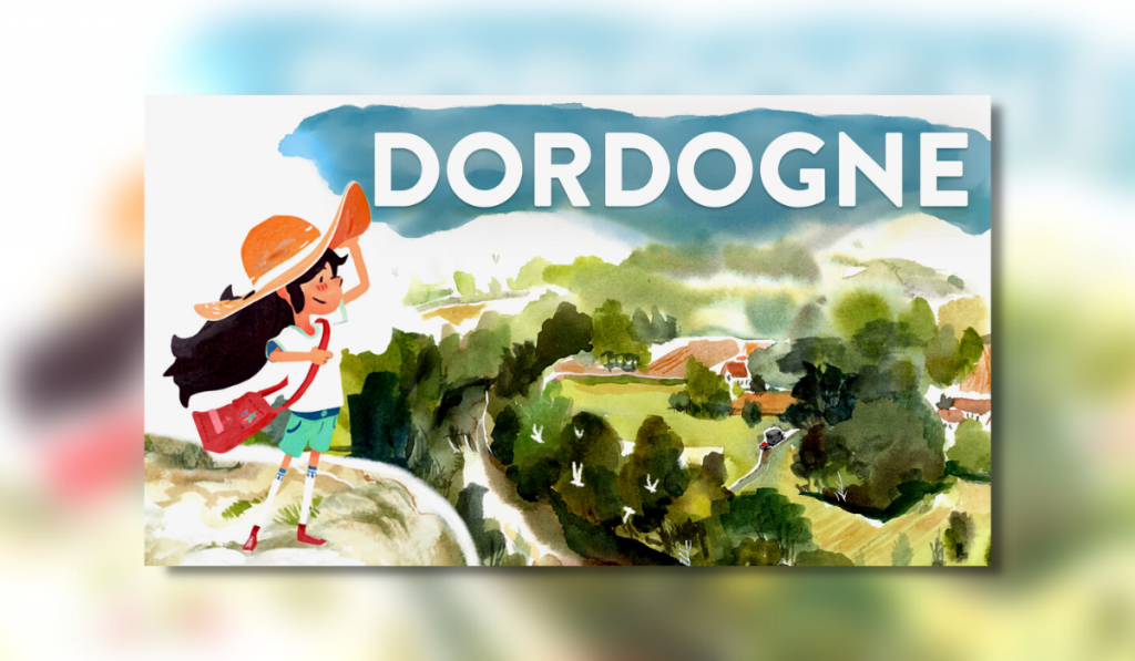 Dordogne featured image showing our character in front of a large green area. All drawn in a water colour painting style.