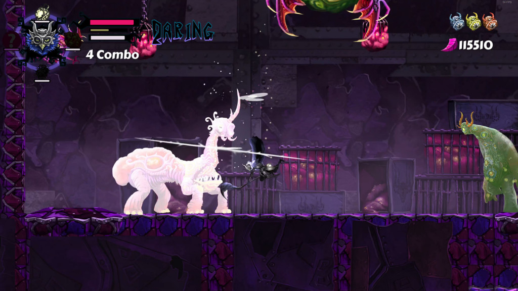 The floor is a purple industrial look platform. The background also is purple industrial with cages. In the centre, Gretel who is a reaper with a bird mask, has attached a monstrous giraffe like enemy. To the right is a bear-esque demon with with horns who is glowing green. In the top left are the bars such as health, power, ammo for Gretel. In the top right is the keys that have been acquired as well as how many demon horns you've collected, which act as the games currency.