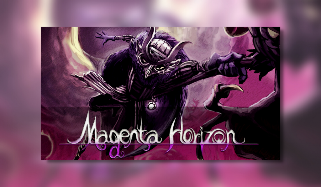 Magenta Horizon Title Card. The protagonist, Gretel is jumping toward the screen with one hand behind her back. Her left hand is thrown forward holding her scythe. She is wearing a bird mask and a fur cape, with tattered robes. The backghround is a pink and purple sky.