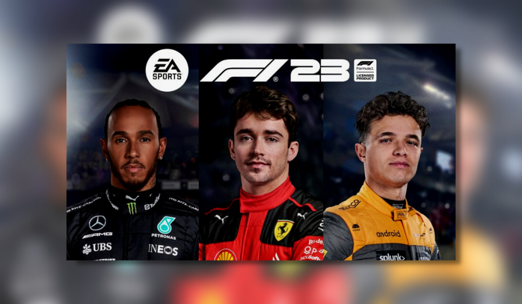 Key art for F1 23 with the EA and F1 23 logos in whit at the top and drivers Lewis Hamilton, Charles Leclrec and Lando Norris (from left to right) below.