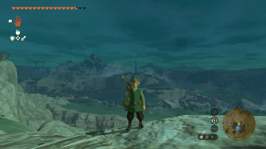 Link atop a mountain in central Hyrule