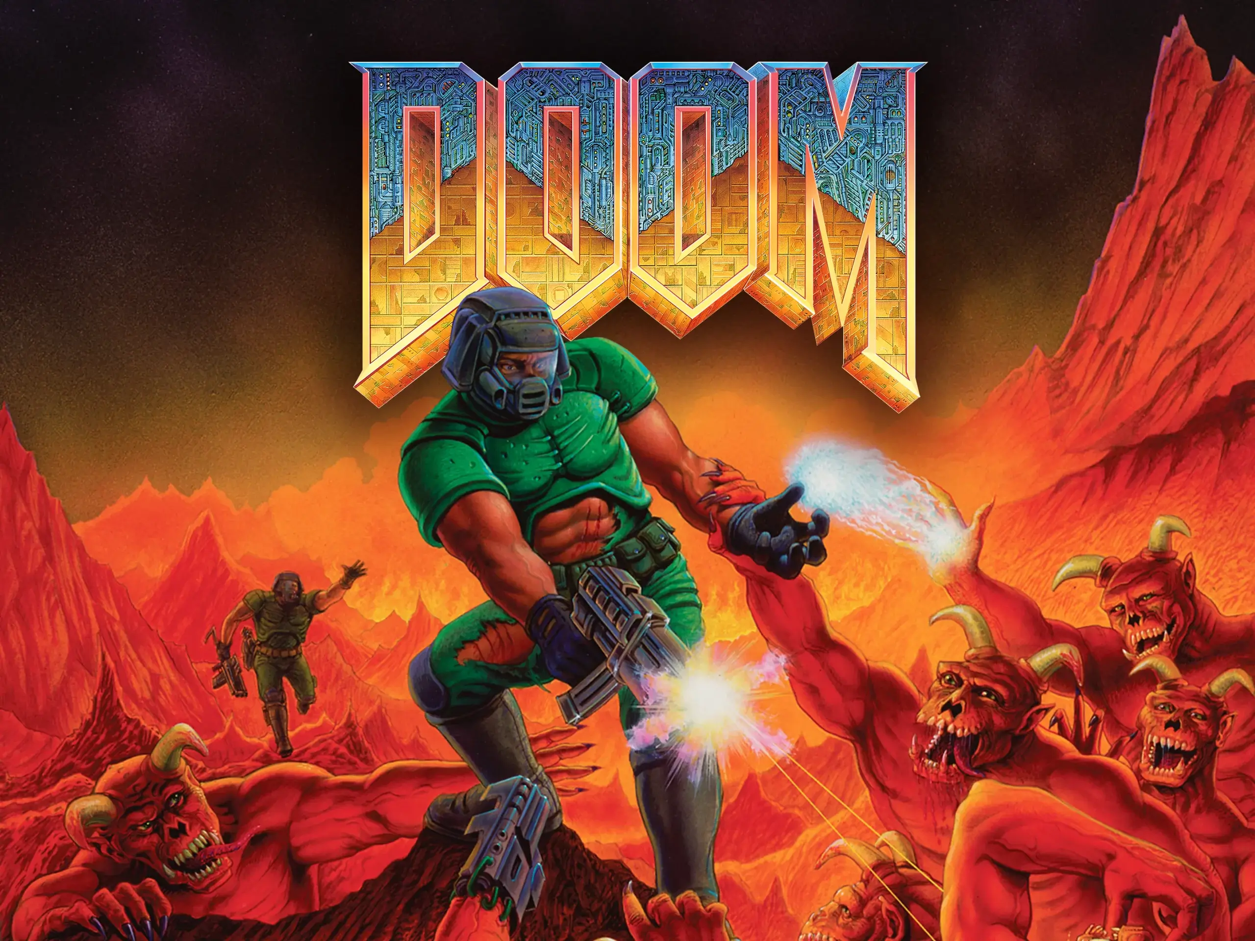 the artwork for 90's classic videogame Doom is which a soldier wearing a helmet and green armor fights off demons with a machine gun as they grab at him from the depths of hell.
