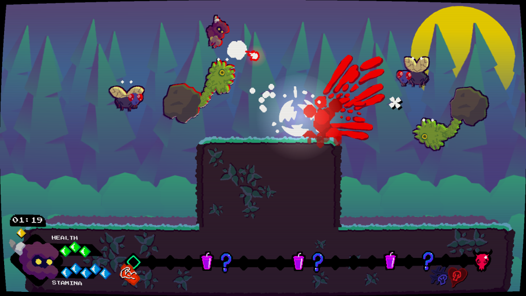 A typical mid-fight scene in Trouble Juice. Various enemies swarm towards the player character as bullets and blood fly.