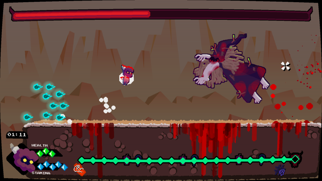 A screenshot taken during the first boss fight in Trouble Juice. The bosses health bar extends practically the whole width of the screen.