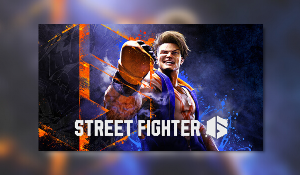 Key art for Street Fighter 6 in which a young male fighter in a blue vest with chest exposed has a gloved fist raised. His brown hair is slicked over to his left side and he has a playful smile on his face. The logo for Street Fighter 6 is in white text at the bottom of the image