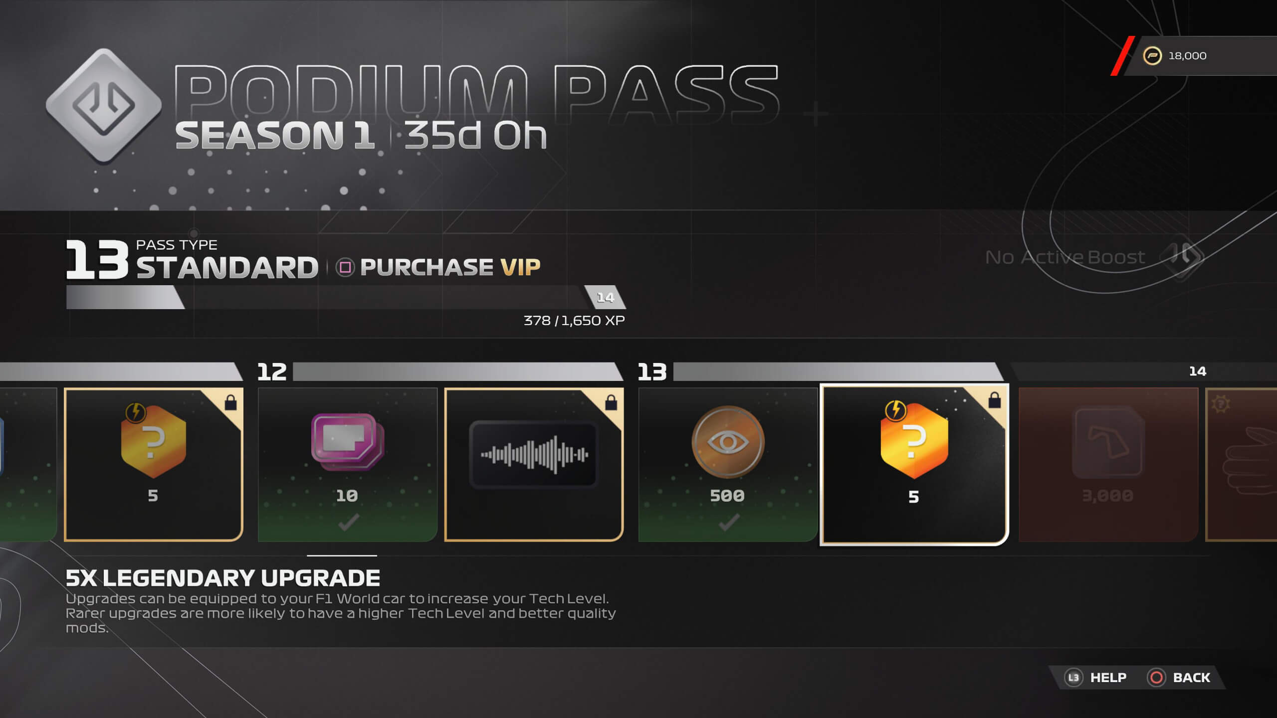 The podium Pass menu from F1 23 game showing available rewards. Currently selected in the menu is the 5X Legendary Upgrade which has a lock on its icon depicting the fact that its yet to be unlocked.