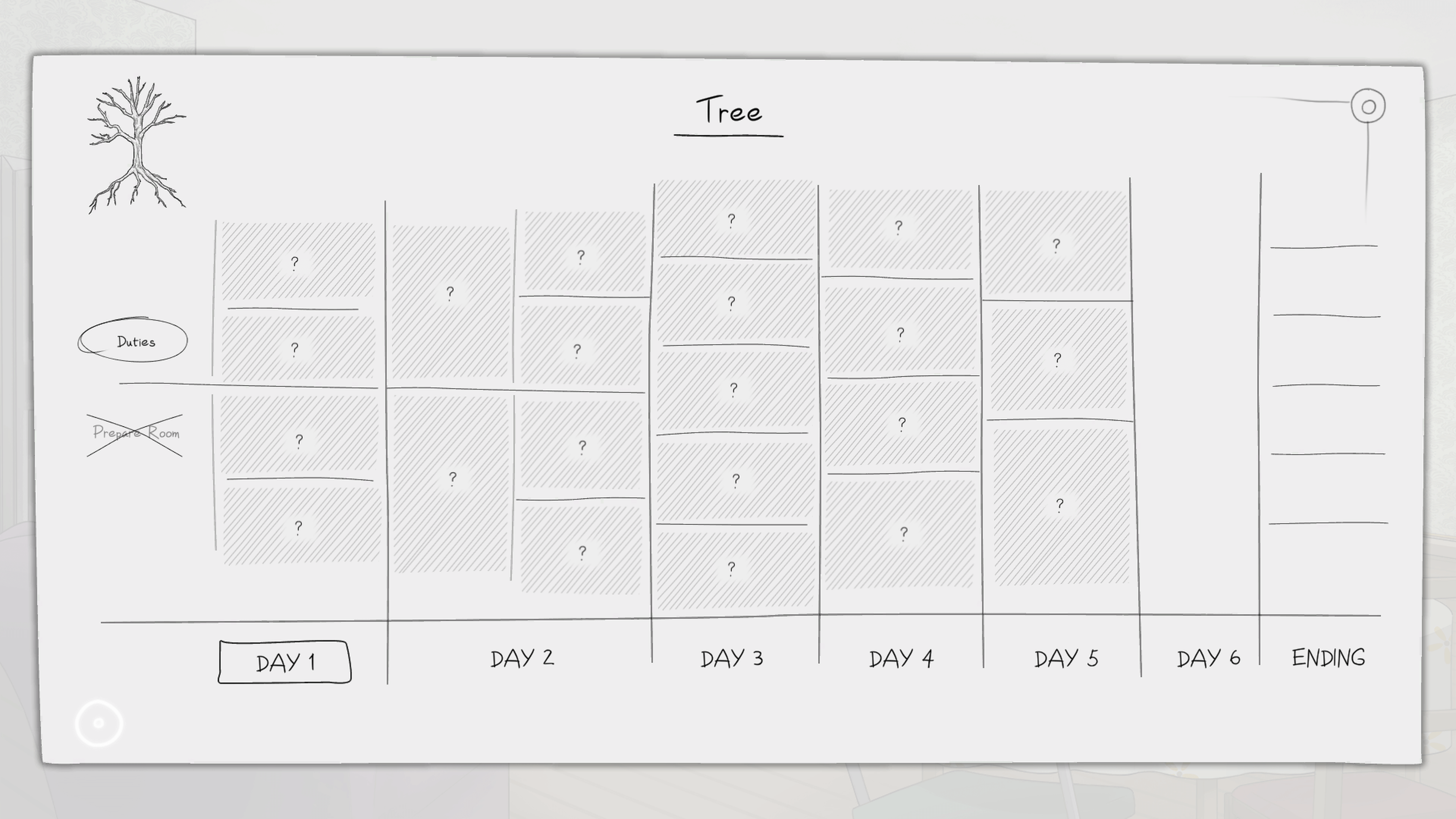 an A4 sheet of paper in landscape orientation. It is divided into segments labeled day 1-6 and ending. The page has the underlined title "Tree" centered at the top with a logo of a tree with its roots visible to the left