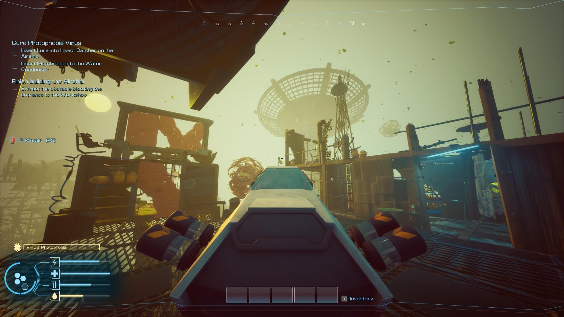 Screenshot from the point of view of a player on the mounted resource gathering device. A dreary skyline of dilapidated towers can be seen near and distant.