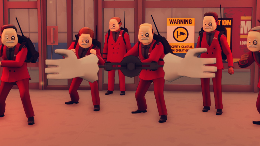 red suited old men with backpacks and hand contraptions face the camera
