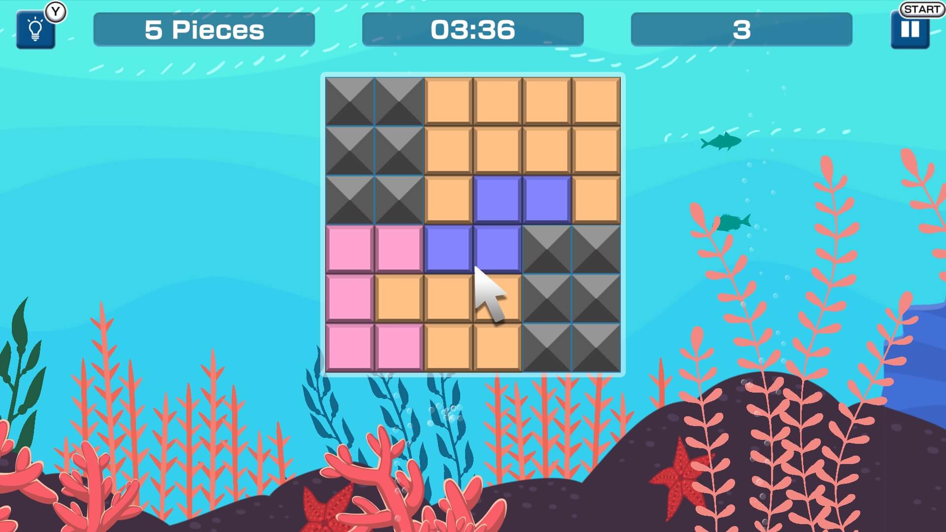 An example SETTRIS board is shown - A cube with gray blocks in the upper left and bottom right with the other areas filled in with orange, pink, and purple blocks. A coral reef composes the background.