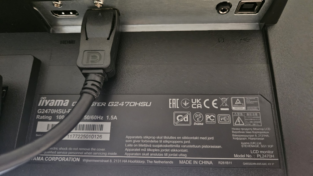 Picture shows the input and output ports on the back of the G-Master G2470HSU. From left to right, HDMI, Display Port, 3.5mm jack and USB-B.
