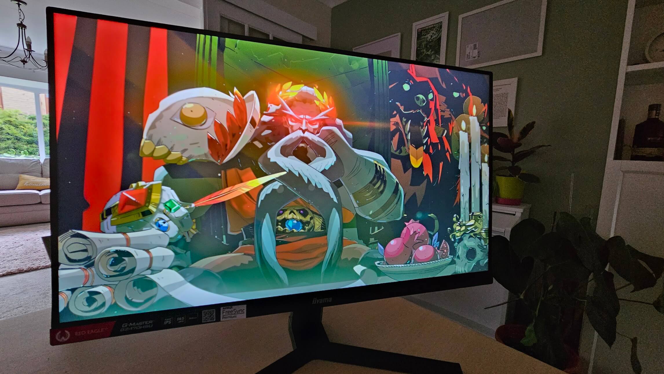The G-Master G2470HSU shown displaying a scene from the video game Hades. This scene in particular shows a good range of colours the monitor displays well.