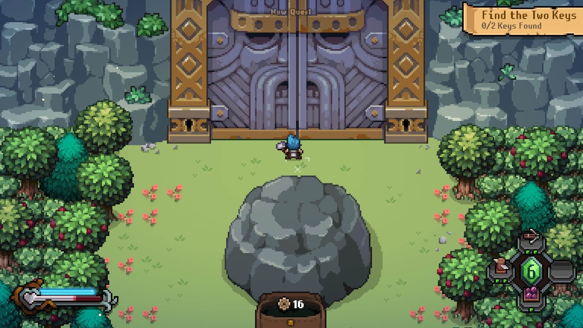 The hero is stood outside a beautifully carved door. The top right is the objective asking for Dwerve to find two keys. 