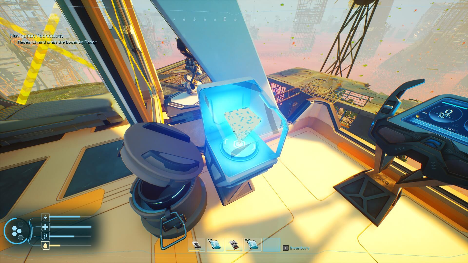 The fabricator, a blue-topped device for crafting, as well as a pressure-cooking pot can be seen on the floor of the ship.