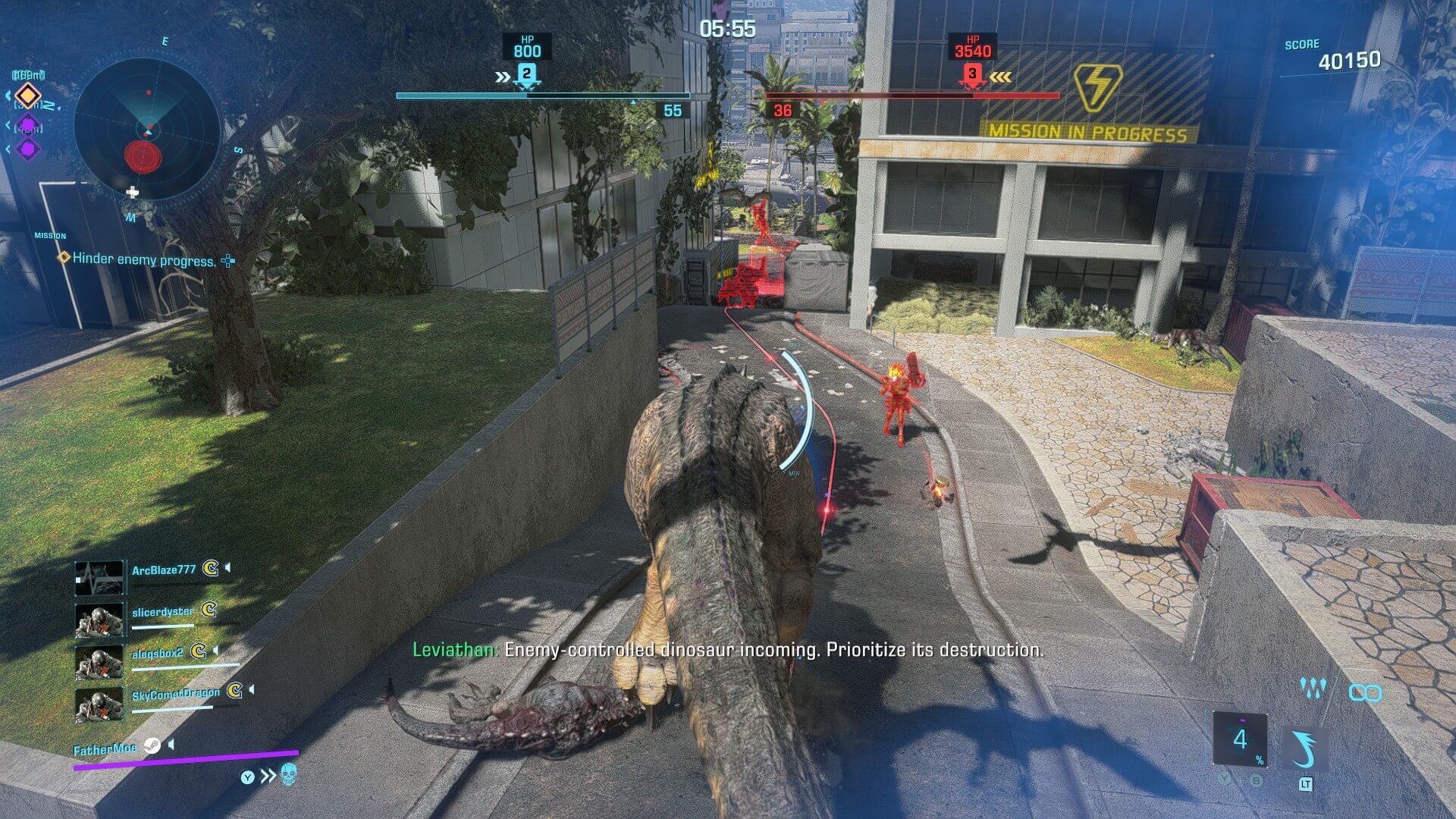 I'm currently controlling a dinosaur and about to cause chaos for the other team. The small curved bar next to my character is the health bar of the dinosaur.