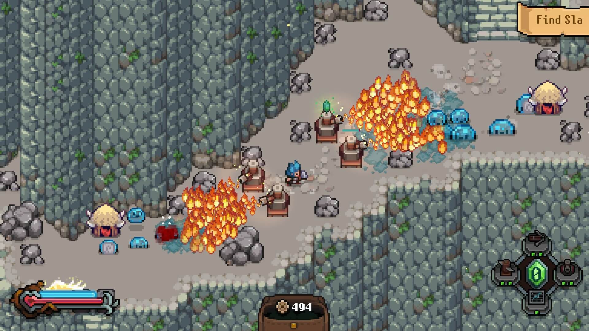 I have set up four flamethrowers to defend against a rush of slimes who are attacking.