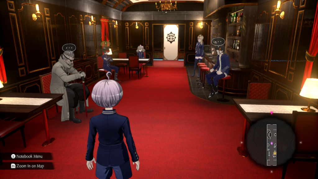 screenshot showing the inside of a train carriage. There is red carpet, brown paneled walls guilded in gold. 5 characters sit on chairs and stools around the bar area.