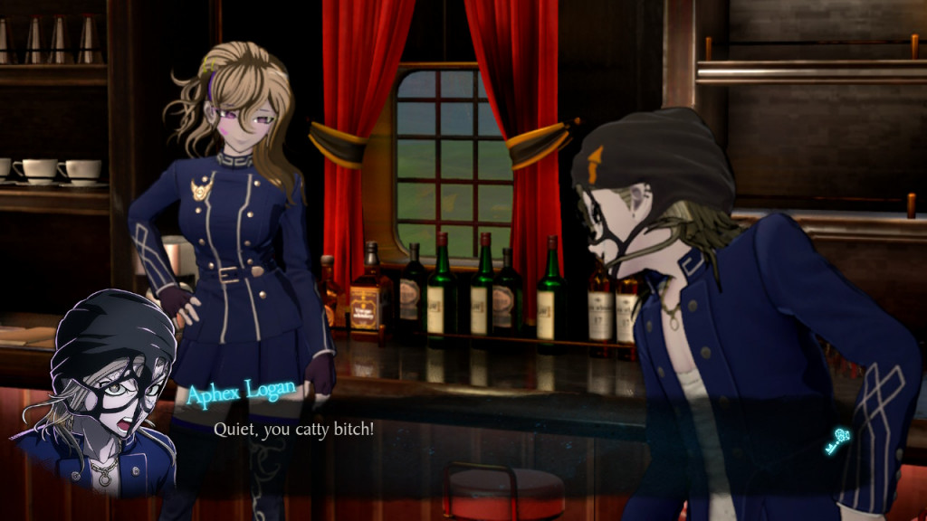 screenshot showing two characters beside a bar. Both are dressed in similar blue blazers. The man is shouting at the woman telling her to be quiet.