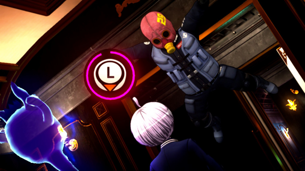 screenshot showing Yuma evading an attack from a red gas masked police officer. On the screen the left thumbstick is shown with a down arrow and a decreasing pink circle. The icon is a prompt for action. 