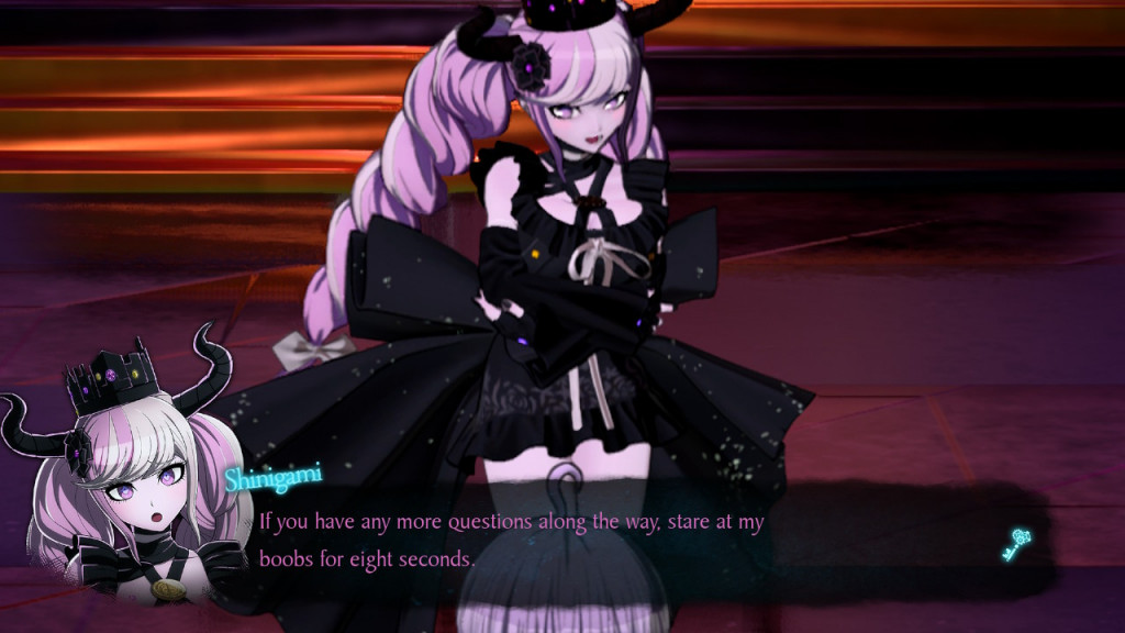 screenshot showing the pink haired Shinigami in a short flowing black dress. She is inviting you to stare at her boobs for 8 seconds if you need further help.