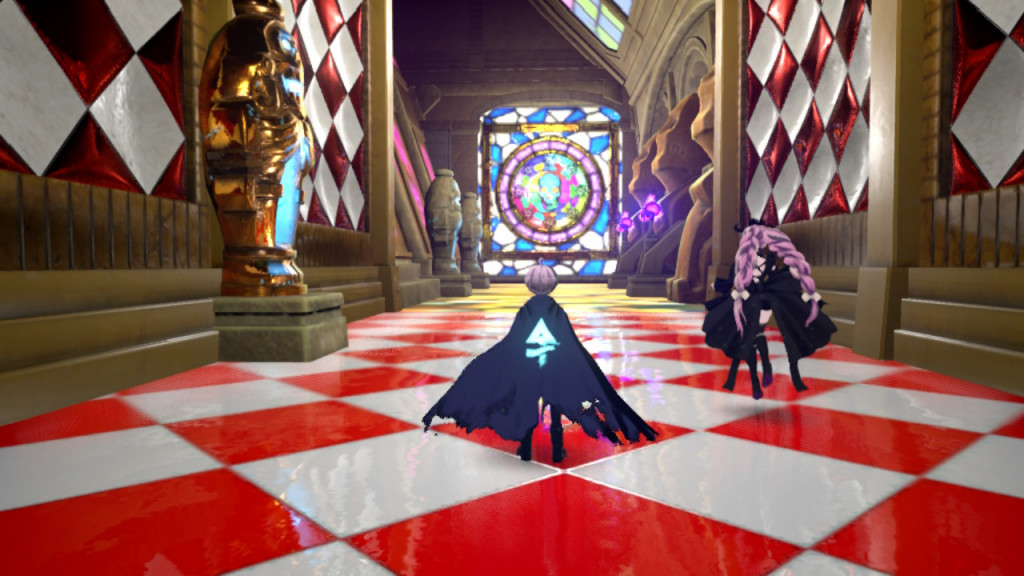 screenshot showing the mystery labyrinth. A red and white chequered floor carries on into the distance. 2 wall lines the corridor and also have similar detail to the floor. Gold statues also adorn the sides. Yuma and the shinigami are seen walking down the corridor towards a stain glassed wall infront of them that consists of a pink circle and blue, white, yellow shapes.