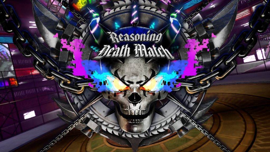 The tv show style opener for the Reasoning Death Match. A silver skull with neon rainbow flames shooting from its eyes is tethered in the centre with silver chains coming from it. In the background is a tv studio style arena.