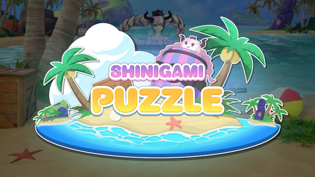screenshot showing the Shinigami Puzzle title screen written in a bubble font using pink and yellow colours. Cartoon palm trees and a sandy island surrounded by water surround the wording while in the background the Shinigami can be seen in a barrel.