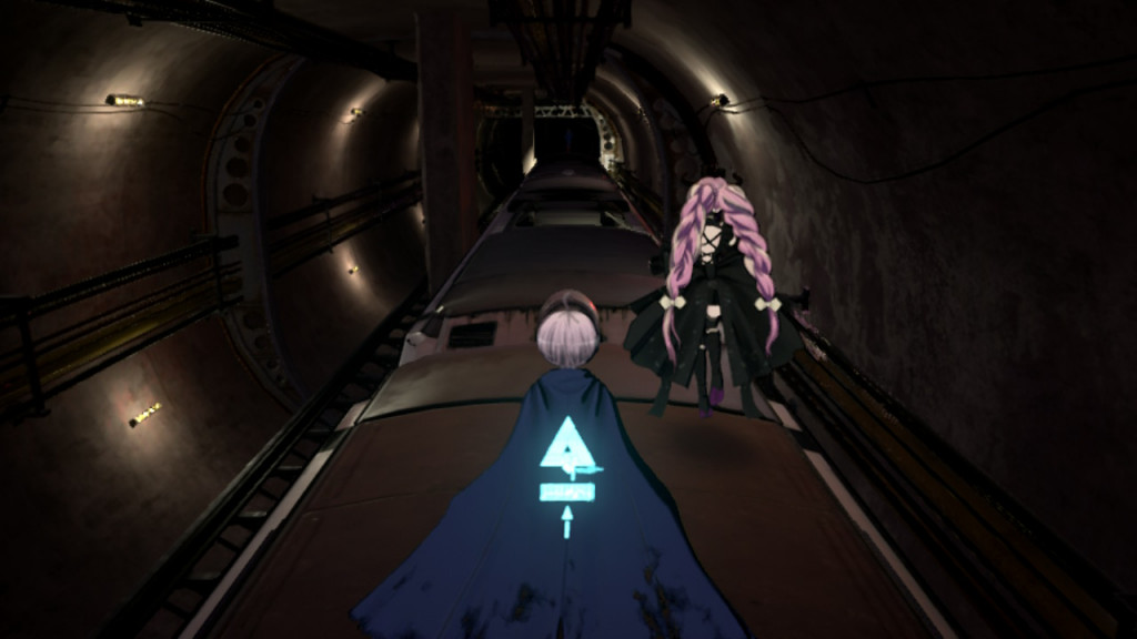 screenshot showing Yuma and the Shinigami walking across the the roof of a moving brown train carriage within a dimly lit tunnel. 