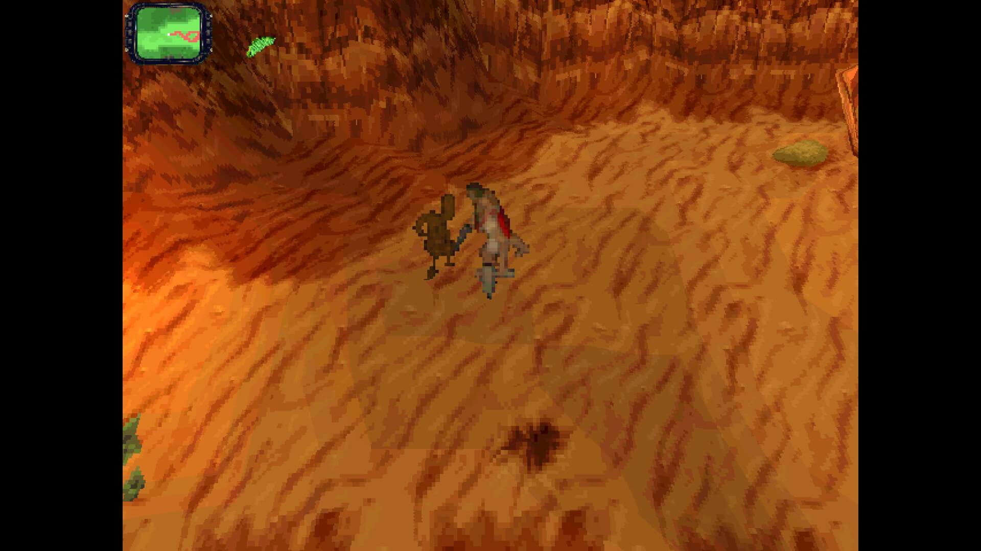 A baron sand covered landscape. in the centre of the screen is a muscular man with metal breasts wearing nothing but a pink swimsuit aims his guns at a crudely drawn thing of possible humanoid origin in the hopes that it shall be defeated. The worlds smallest map is in the top left corner of the screen. 