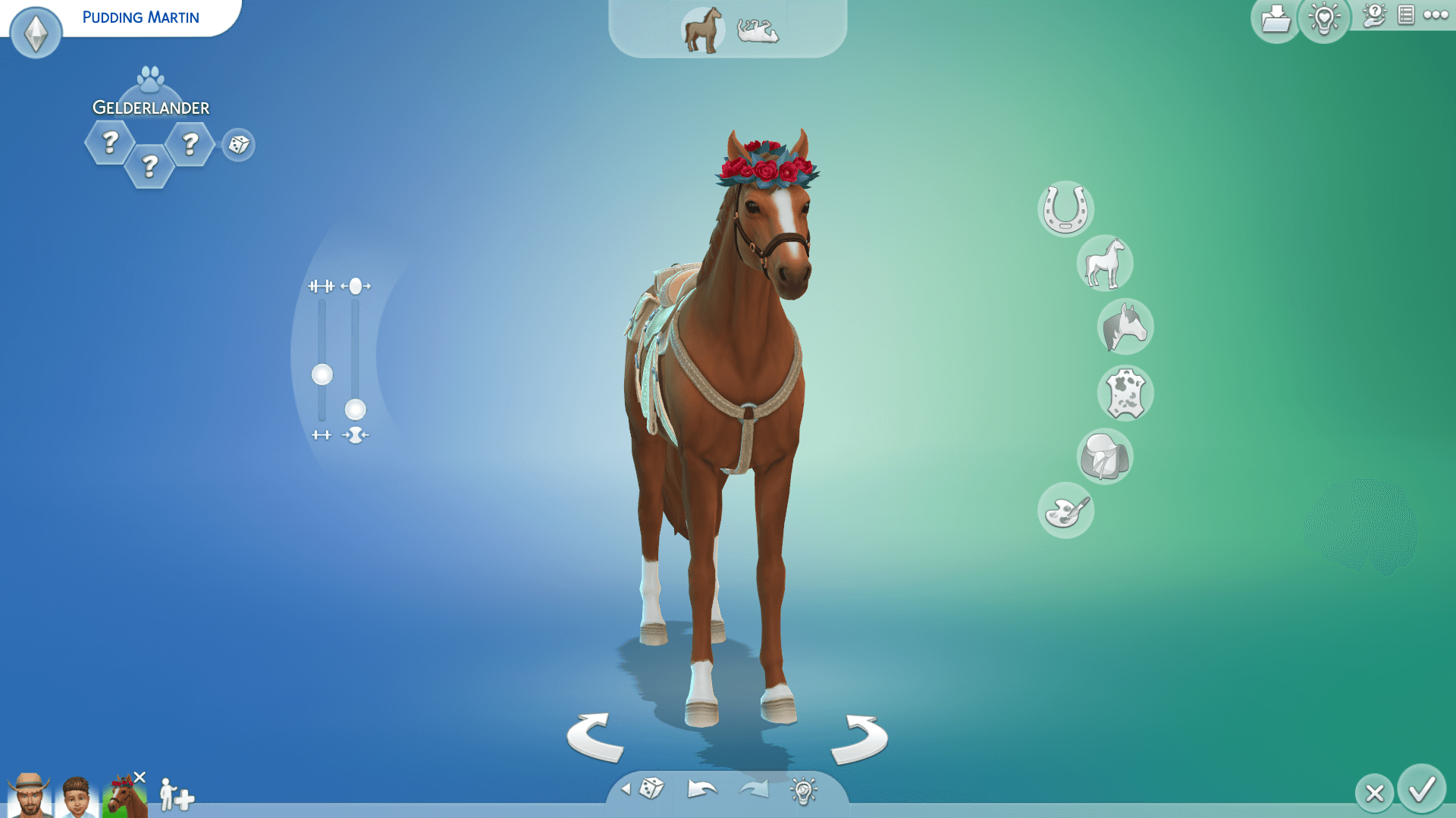 This photograph is a picture of the create a sim section whereby the player has created a horse with a flower crown on it's head. 