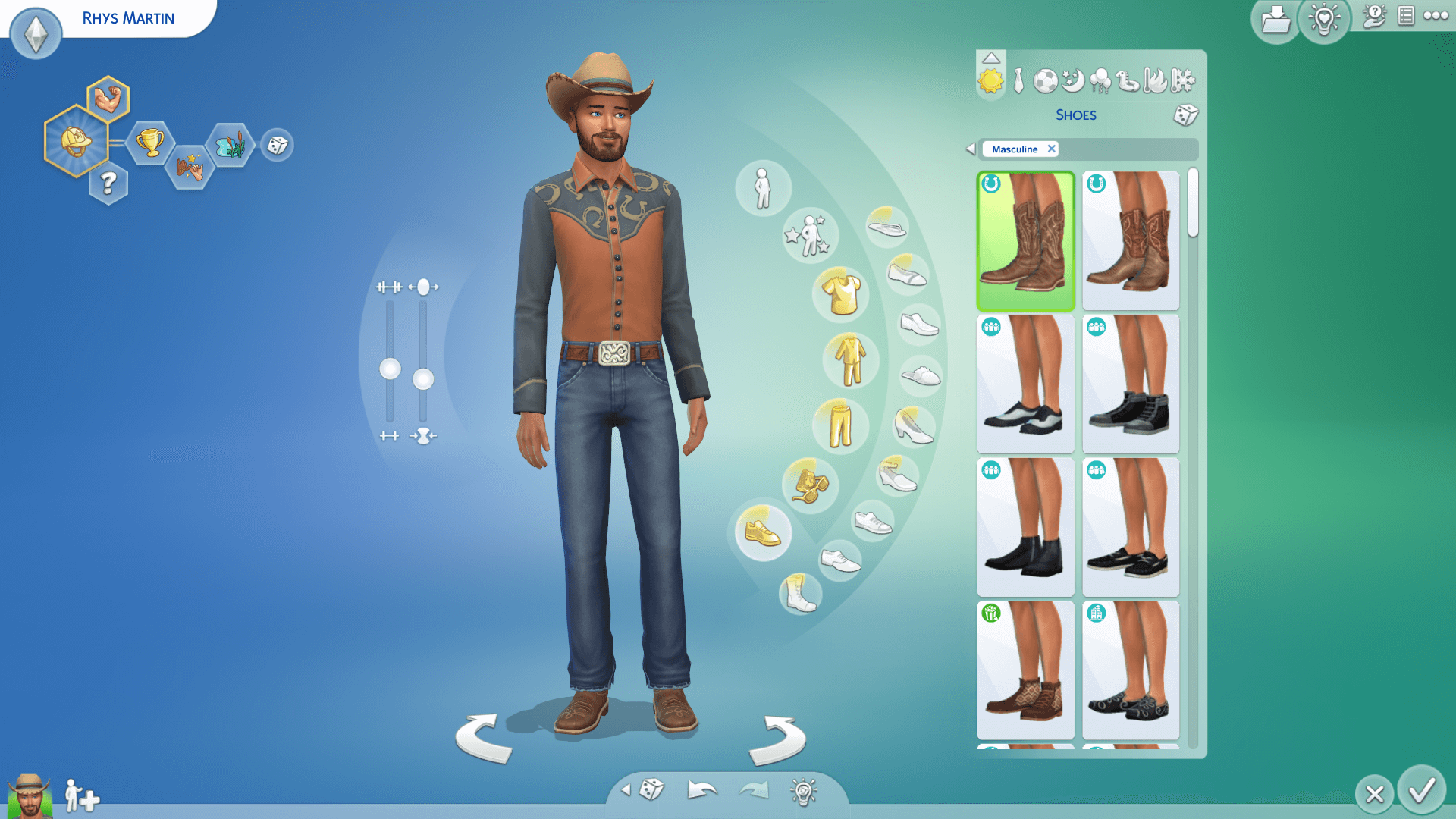 This is a photograph of the create a sim menu where a male is made by the player in cowboy attire.
