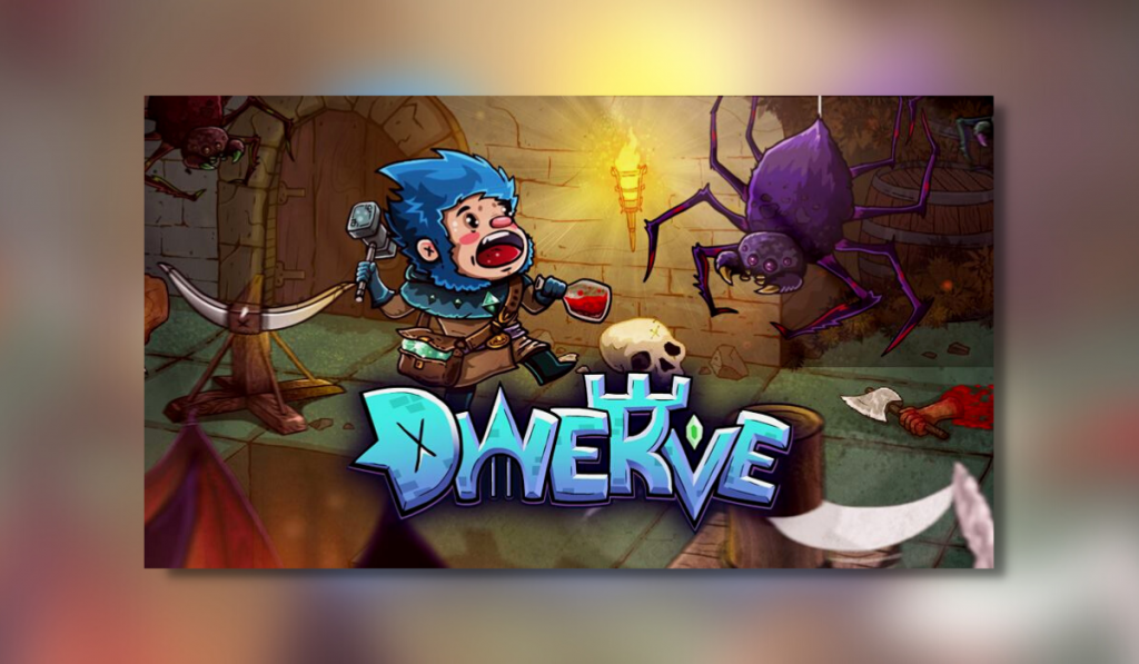 The title image for Dwerve. The protagonist seems to be running through a dungeon and has been frightened by a spider.