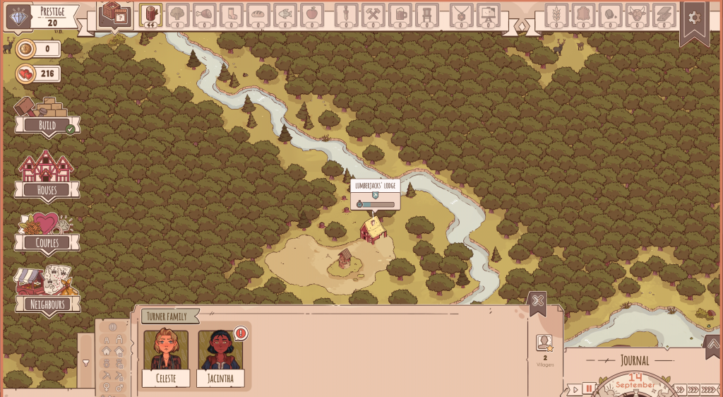 A screenshot of the beginning of a game in Lakeburg Legacies. The village has only 2 occupants and one building.