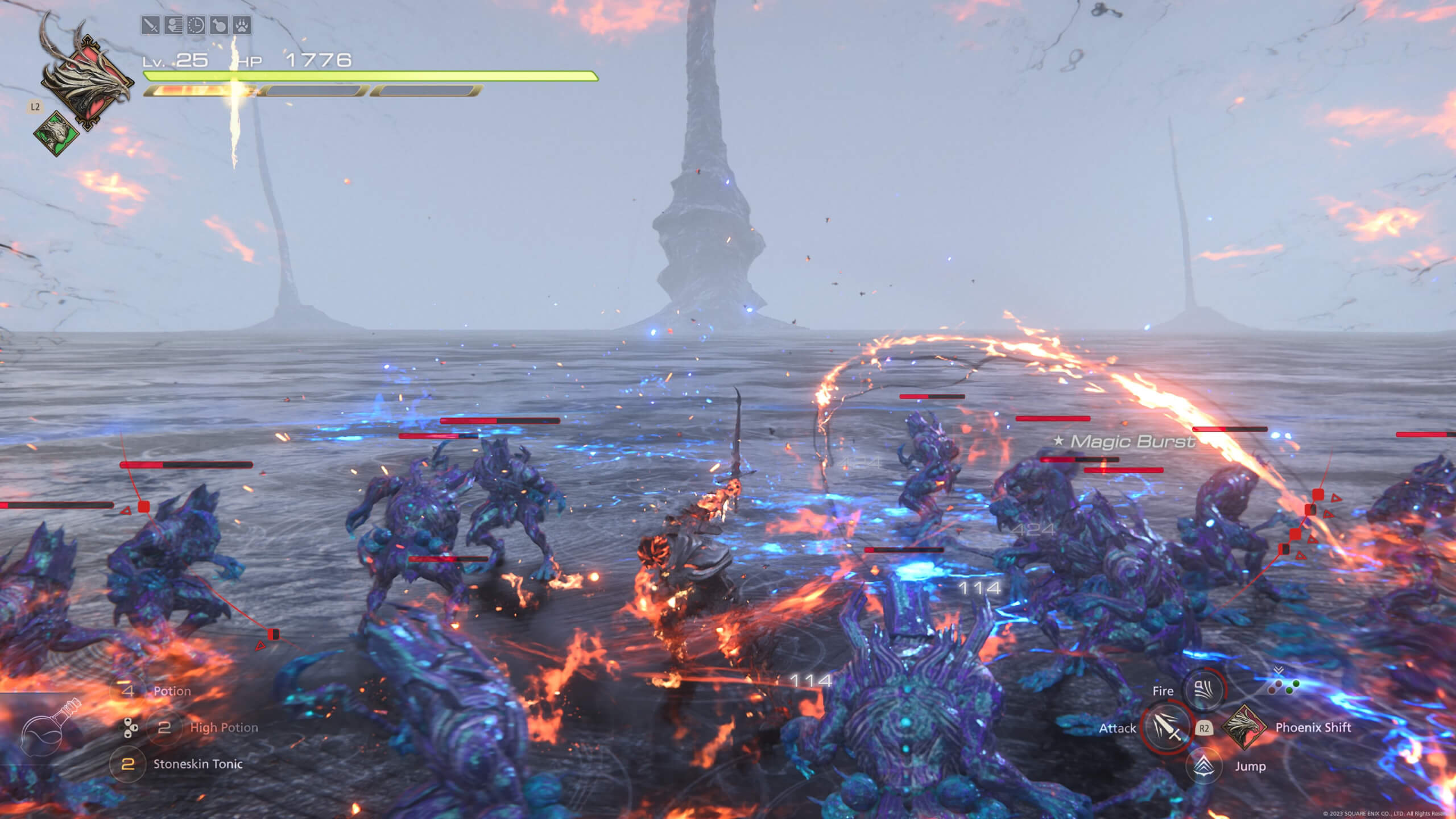 Though it is hard to see Clive is in his Limit Breaker form and is attacking a horde of enemies.