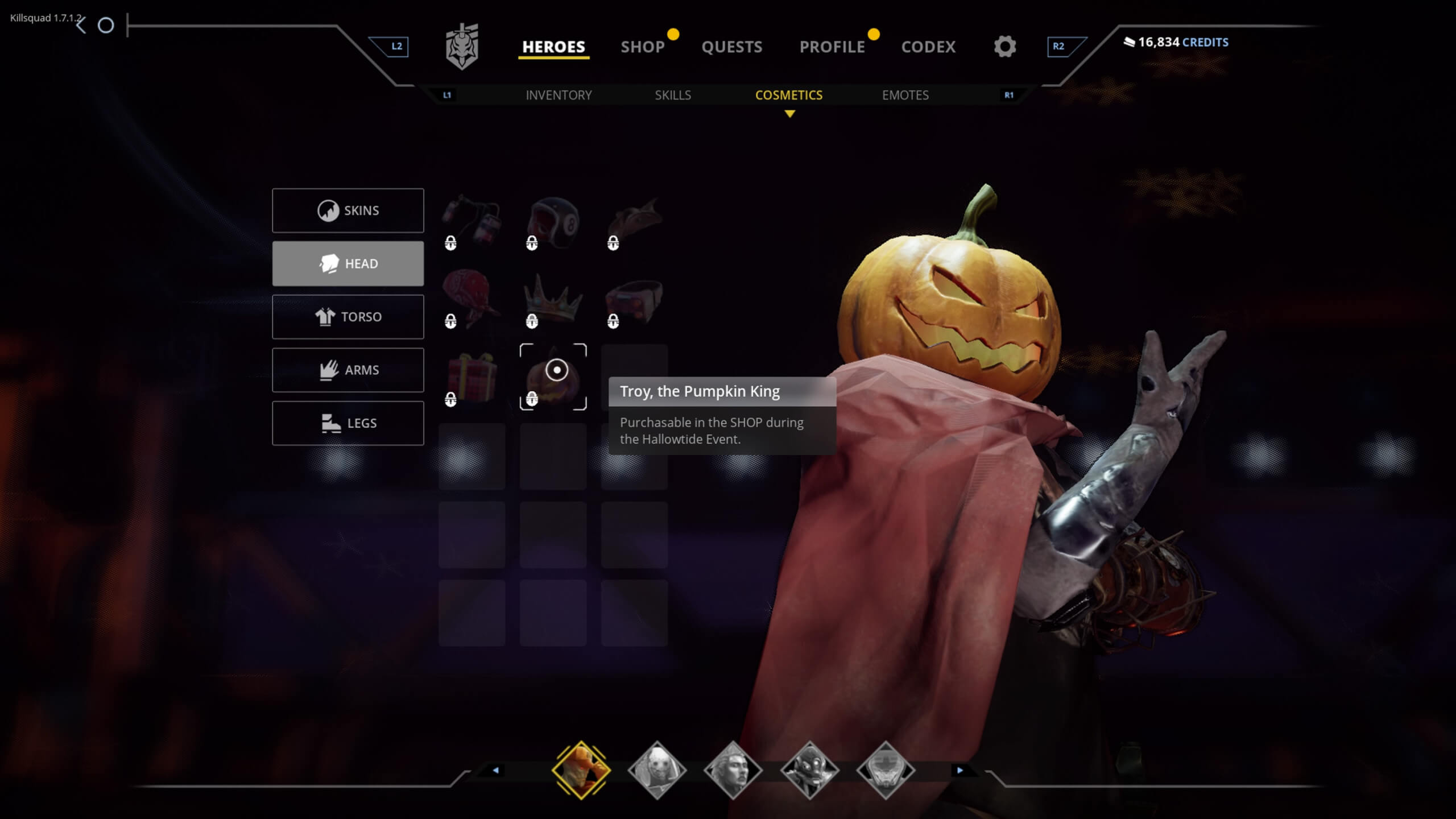 One of the Bounty Hunters, Troy, wearing a carved Pumpkin Mask whilst posing in a red cloak on the cosmetic menu.
