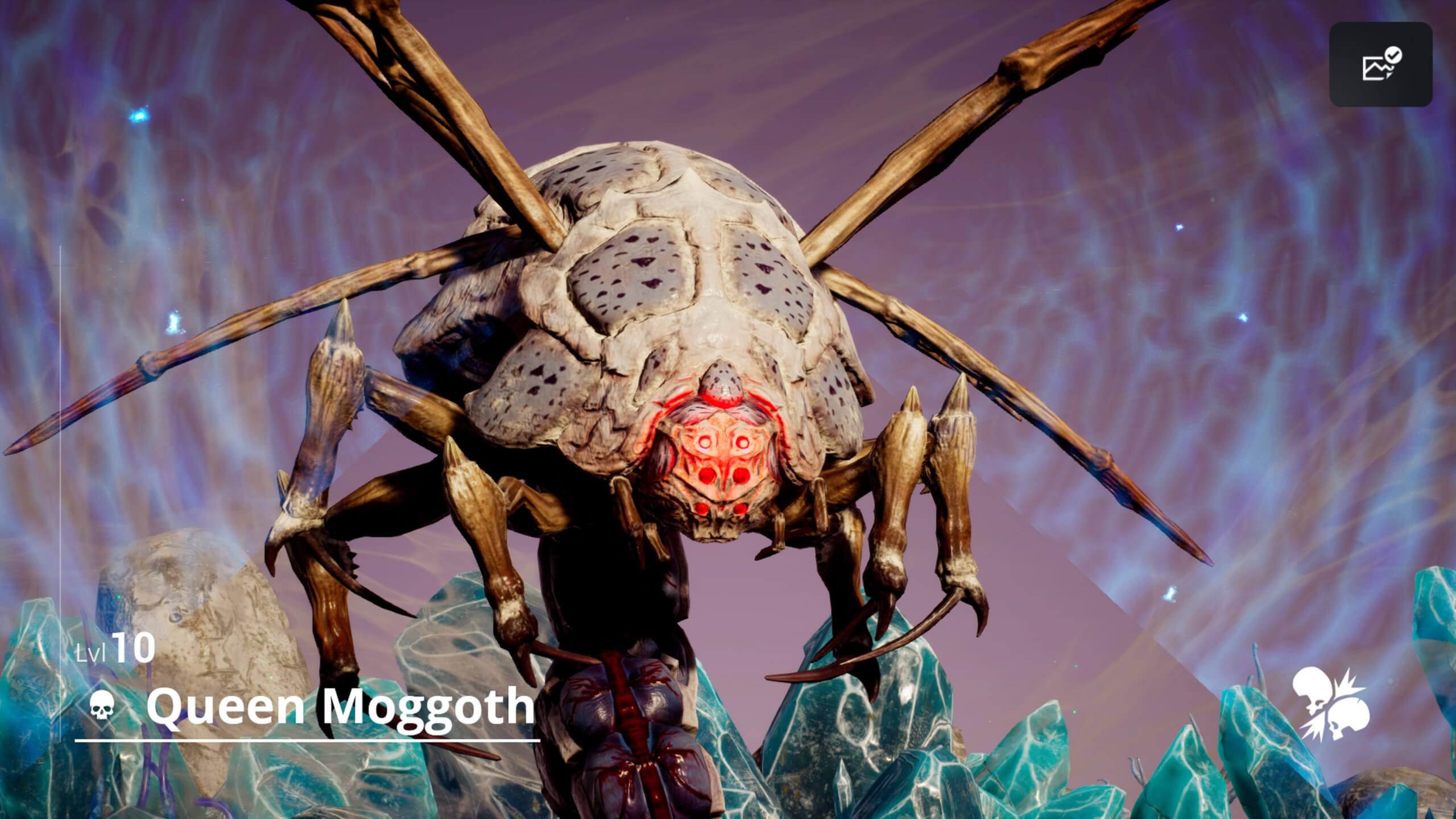 A boss introduction, showing a level 10 boss named Queen Moggoth