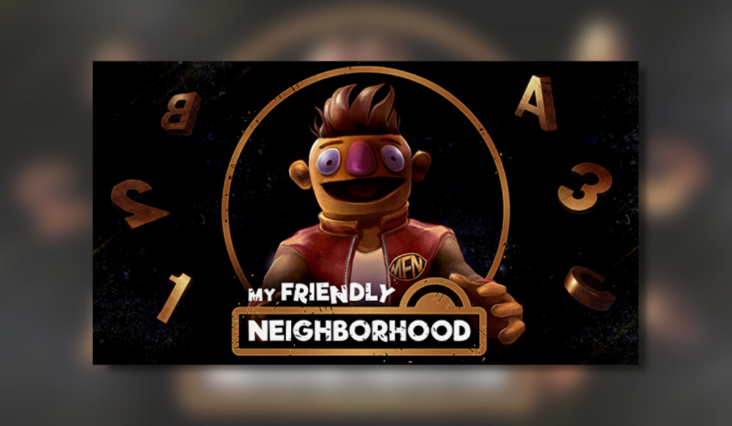 The feature image for My Friendly Neighborhood. the person in the middle is Norman, one of the puppets the player will meet in the game. Scattered around him are various letters and numbers.