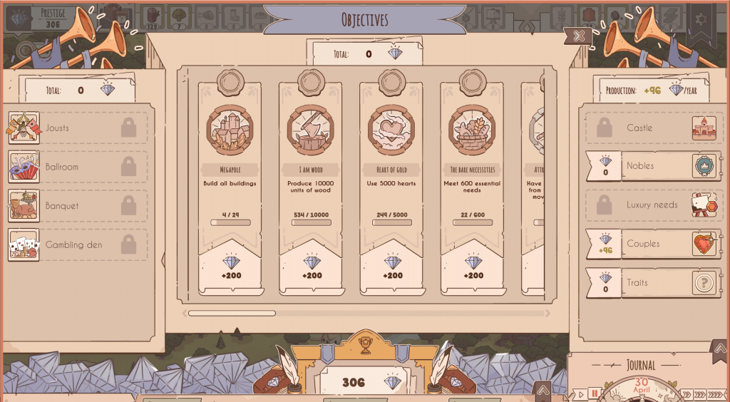 The Prestige UI in Lakeburg Legacies. This shows from where and how much Prestige your village is currently production. There's a section in the middle listing several objectives which can be met in order to gain a one-off bonus amount of Prestige.