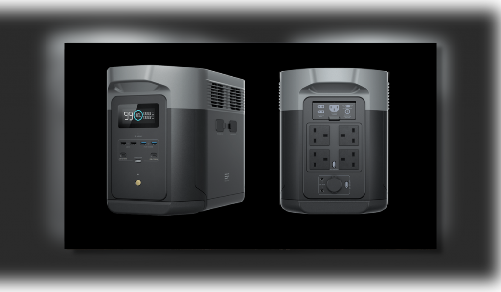 black background with the front and back of the large grey and silver DELTA 2 Max power station shown. The front has a screen and USB ports, the rear shows the AC ports.