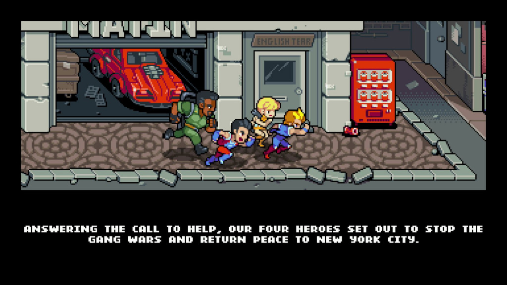 A retro styled background similar to Double Dragon. Four characters are mid-run in the centre. Text appears at the bottom